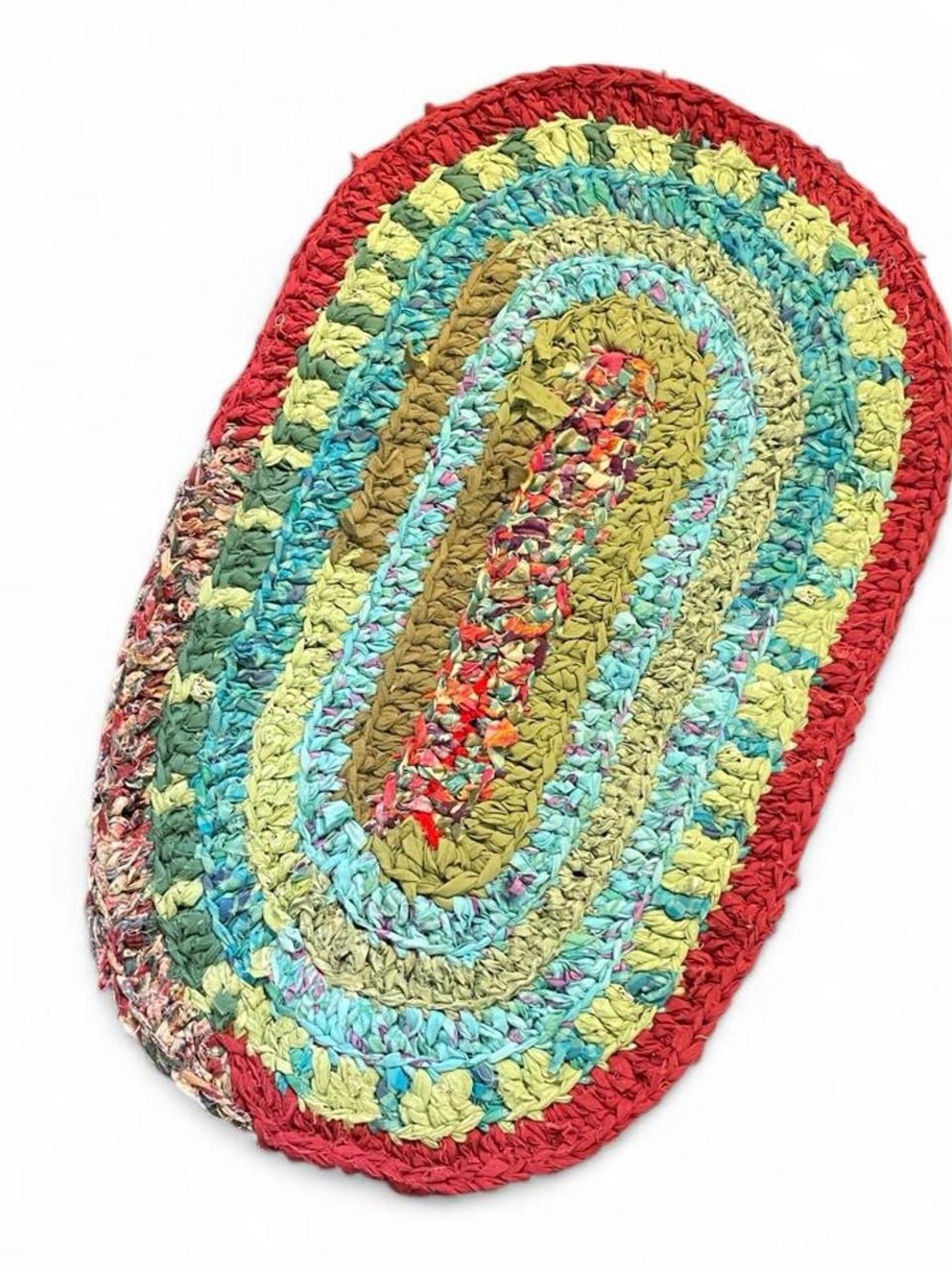 Handmade Upcycled Crocheted Accent Rug Multicolor Red Teal Green Door Mat